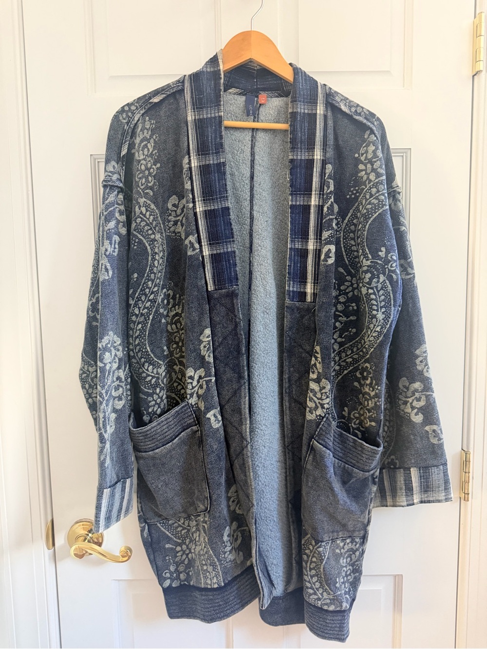 Urban Outfitters/Pilcro Navy Paisley Plaid Trim Open-Front Cardigan Jacket